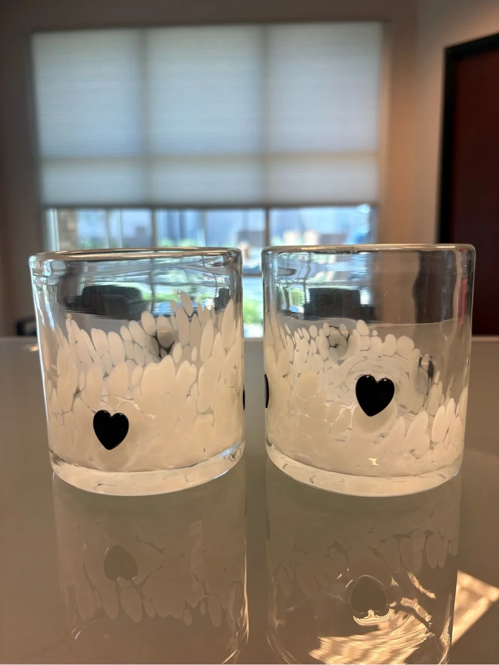Clear Glass cups with Black Heart Accent - White Speckle